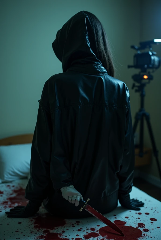 korean girl, (behind stiff, holding knife), surgical mask, black leather gloves, room, black raincoat, hood up, holding knife, leather gloves, woman on top, behind cadaver, blood splatter, bed room, night, mass murderer, killer, short hair, blood splatter, dark atmosphere, cinematic lighting, atmospheric realistic, neon lighting, close-up, tripod and camera in the back, shooting with camera