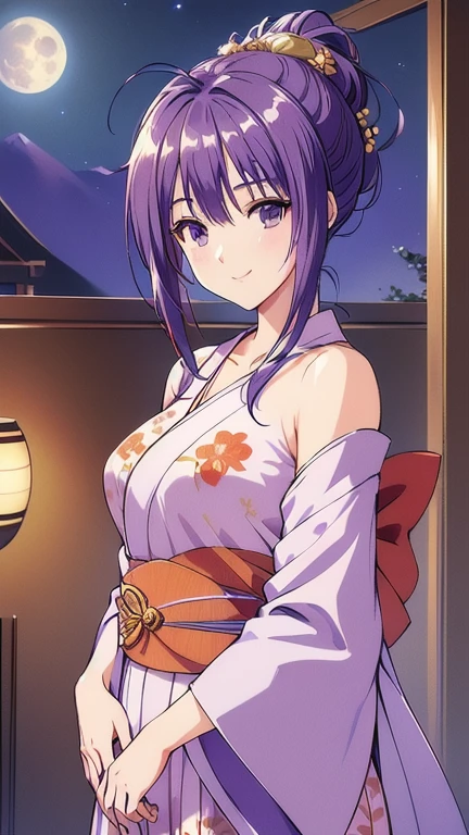 ((masterpiece, Highest quality, Highest quality, Official Art, beautifully、beautiful:1.2)),((masterpiece)),((Vibrant colors)),((Ayako Katagiri)),((A happy smile)),((kimono)),((looks fun)),,(Porch of the ryokan),(Shoulders exposed),(full moon),(Cherry Blossoms at Night),(2),(B Cup Bust)