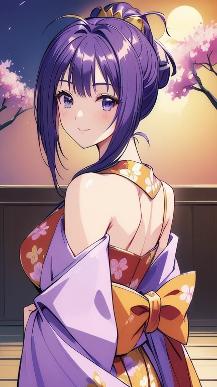 ((masterpiece, Highest quality, Highest quality, Official Art, beautifully、beautiful:1.2)),((masterpiece)),((Vibrant colors)),((Ayako Katagiri)),((A happy smile)),((kimono)),((looks fun)),,(Porch of the ryokan),(Shoulders exposed),(full moon),(Cherry Blossoms at Night),(2),(B Cup Bust)