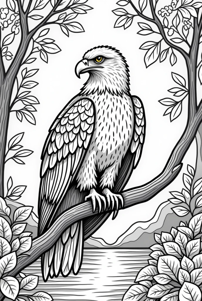 
non-coloured, coloring pages for adults, an image of a Majestic eagle perched on a branch, surrounded by vibrant fall foliage, with a serene lake or river in the background, cartoon style, thick lines, low detail, black and white, no shading, no coloring 



