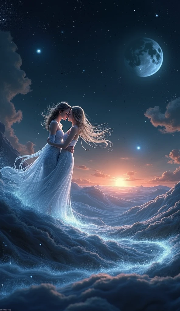 Expressing a deep and eternal love that transcends time and space、We create dreamy and inspiring 3D illustrations。. This scene revolves around two people, Soft and shiny, Dancing together in the vast, starry night sky, It represents love that transcends the universe..「The couple is surrounded by swirling galaxies and ethereal lights., With a soft color like deep blue, purple, Silvery white dominates the scene. In the background, the sun is setting on the distant horizon., Symbolizing bittersweet separations and eternal bonds. In the foreground, Small details capture nostalgic moments。for example、The faint outline of a heart, the faint traces of a kiss blown by the wind。. The overall mood is melancholic yet hopeful., Love continues in another dimension「The End of Infinity」convey the idea. typography, If included, It must be elegant and delicately integrated, kind, Emotional tone of the illustration.Sparkle Effect, Lens flare, crown, smile, happiness/joy, Sparkling eyes,