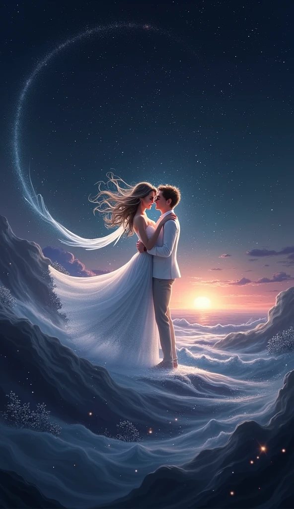 Expressing a deep and eternal love that transcends time and space、We create dreamy and inspiring 3D illustrations。. This scene revolves around two people, Soft and shiny, Dancing together in the vast, starry night sky, It represents love that transcends the universe..「The couple is surrounded by swirling galaxies and ethereal lights., With a soft color like deep blue, purple, Silvery white dominates the scene. In the background, the sun is setting on the distant horizon., Symbolizing bittersweet separations and eternal bonds. In the foreground, Small details capture nostalgic moments。for example、The faint outline of a heart, the faint traces of a kiss blown by the wind。. The overall mood is melancholic yet hopeful., Love continues in another dimension「The End of Infinity」convey the idea. typography, If included, It must be elegant and delicately integrated, kind, Emotional tone of the illustration.Sparkle Effect, Lens flare, crown, smile, happiness/joy, Sparkling eyes, 