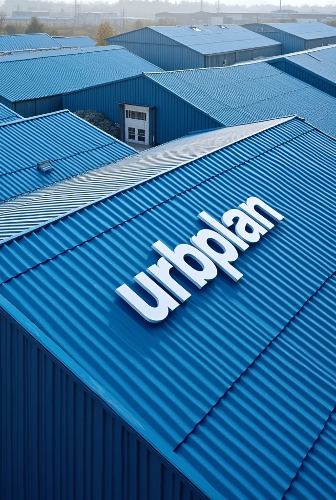 Realistic 8K image showing a shed with a blue metal tile roof. The view is from above, highlighting the pattern of the tiles. The name 'URBPLAN' is written in white on the blue roof. The image has predominant tones of blue, capturing the feel of a modern, well-planned industrial environment.