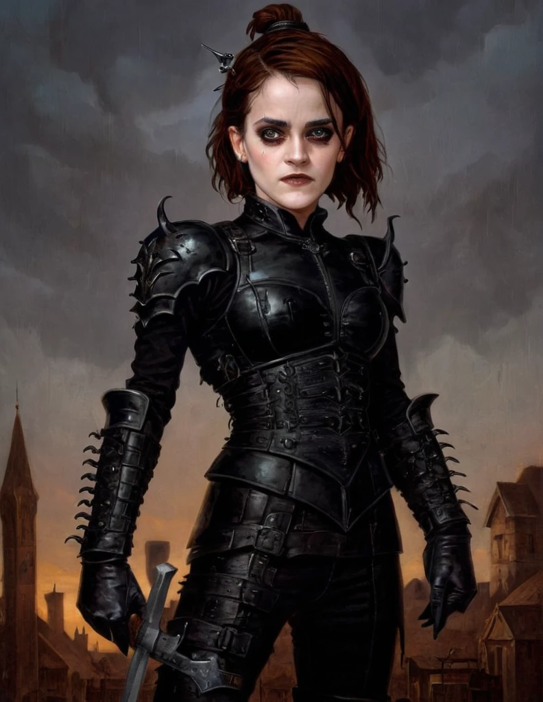 In the style of (Gerald Brom:1.5), (dark fantasy style:1.5), (gothic horror:1.3)
(medium shot, upper body portrait:1.3). A smirking, (closed mouth:1.5) hopeful fleshcraft emma watson wearing black leather spiked evil metal armor and bracers, posing facing away from camera, at a town. sunset, sunny.