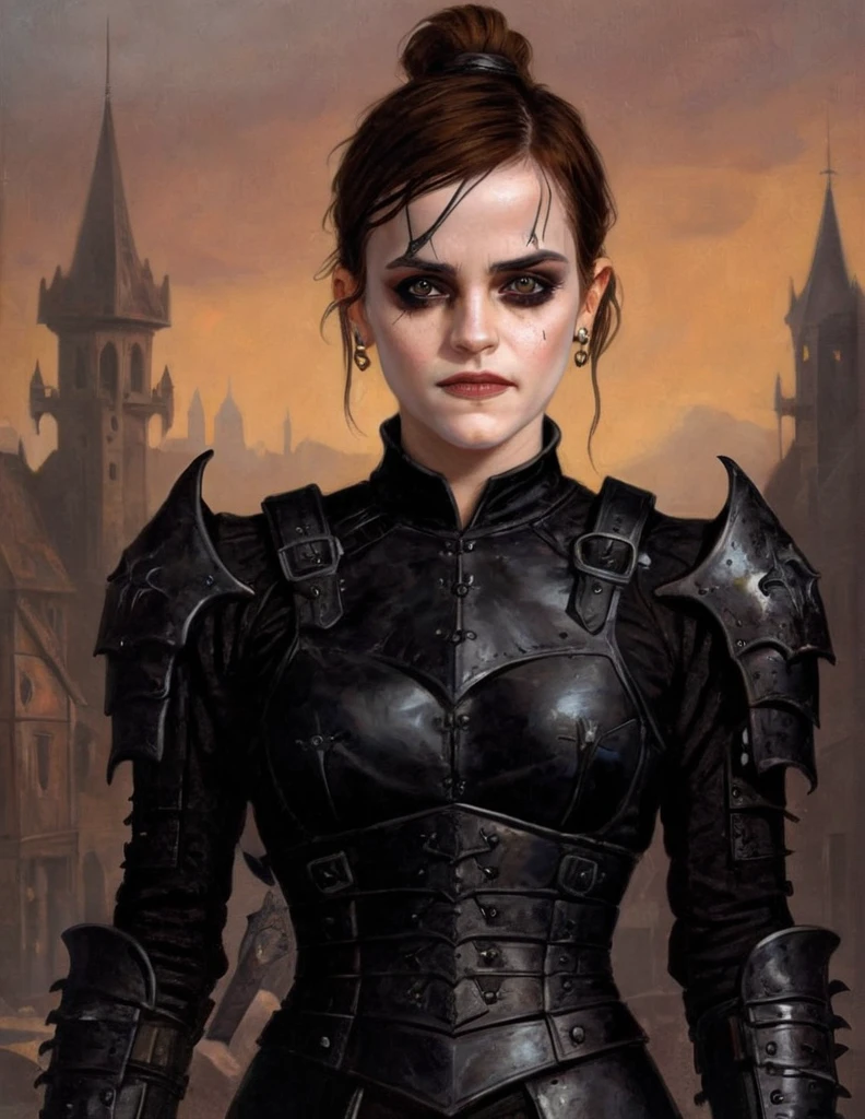 In the style of (Gerald Brom:1.5), (dark fantasy style:1.5), (gothic horror:1.3)
(medium shot, upper body portrait:1.3). A smirking, (closed mouth:1.5) hopeful fleshcraft emma watson wearing black leather spiked evil metal armor and bracers, posing facing away from camera, at a town. sunset, sunny.