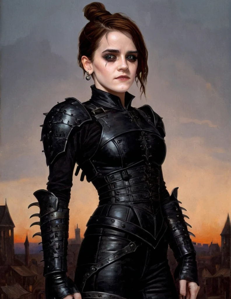 In the style of (Gerald Brom:1.5), (dark fantasy style:1.5), (gothic horror:1.3)
(medium shot, upper body portrait:1.3). A smirking, (closed mouth:1.5) hopeful fleshcraft emma watson wearing black leather spiked evil metal armor and bracers, posing facing away from camera, at a town. sunset, sunny.