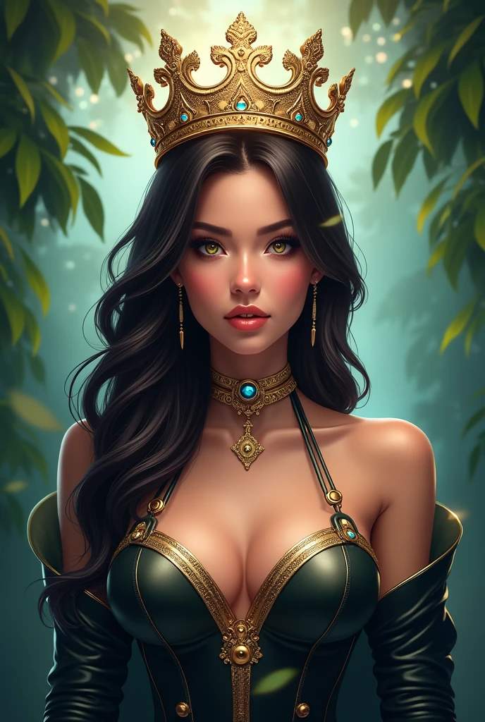 Generate a gaming platform logo named royal paradise using a gamer girl with crown with gamer dress
