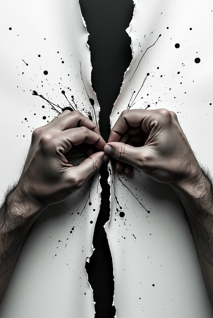 A close view of a man hand, a white paper with black splash mark in it, man tearing the paper with two hands