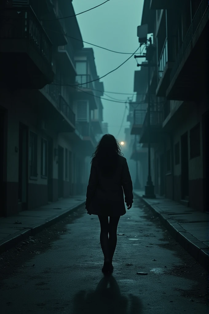 It shows a woman walking alone on a dark and deserted street in the city of La Paz. (Bolivia), She is nervous looking around