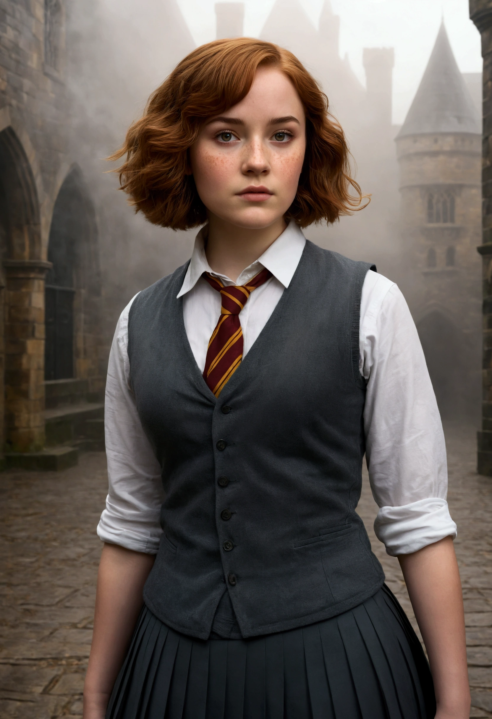 An illustrated movie poster, hand-drawn, full color, a female Hogwarts student, 18-years-old, wearing a charcoal vest and a pleated skirt, toned, amazonian stature, athletic hourglass figure, full wide hips, massive round butt, long shapely legs, ridiculously thick powerful thighs, light hazel eyes, deep dark auburn hair, short curly bob cut, flushed sun-kissed complexion, freckles, resembles Genevieve O'Reilly, standing in a foggy Hogwarts courtyard, surrounded by mist, graphite shading, stencil marks, airbrushed acrylic paint, masterpiece, in the Deathly Hallows 