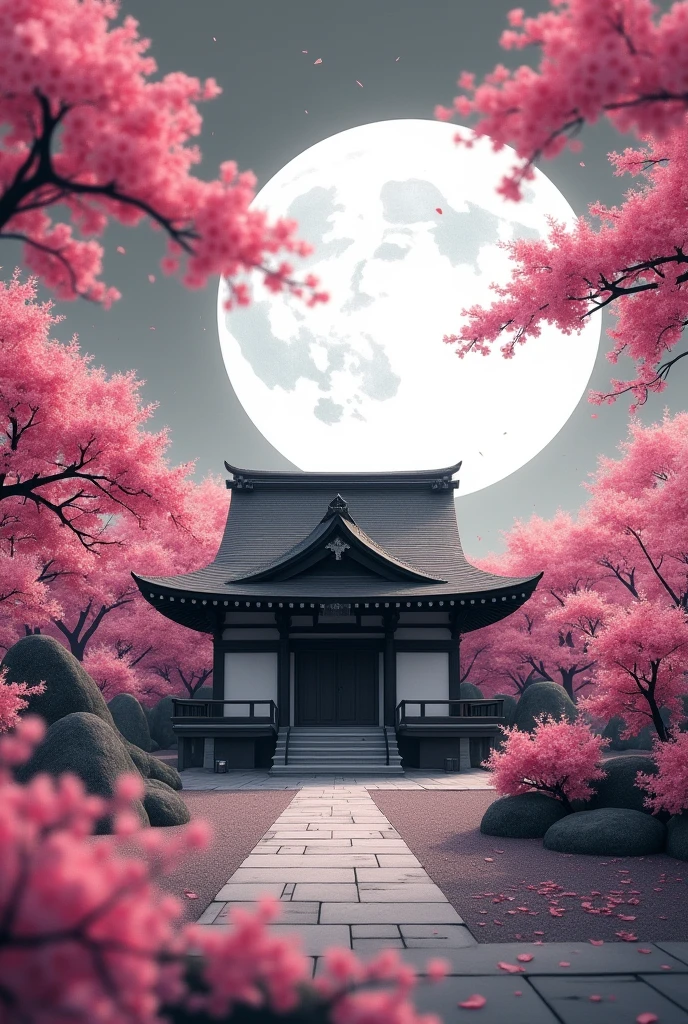Kleiner japanischer tempel der nach links zeigt mit vollmond dahinter und Kirschblütenbäumen und vielen Kirschblüten direkt vor dem Tempel. Nur kirschblüten in Farbe der rest in schwarz weiß