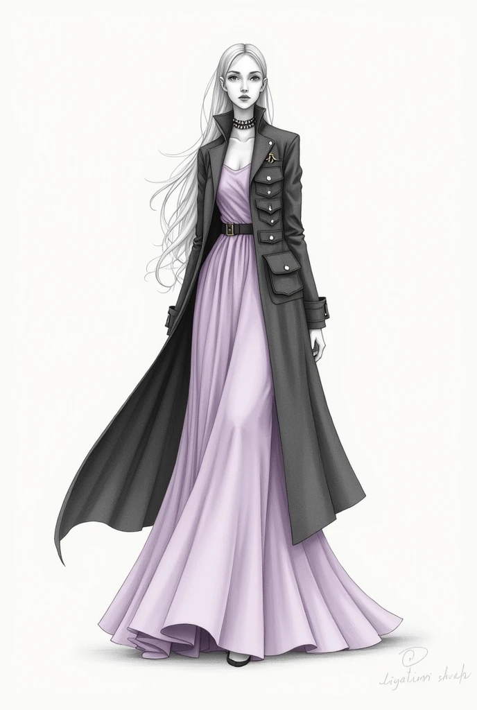 Fashion illustration female figure long flowy skirt dress with long jacket with belts and pockets  rendered with pencil 
in dark shade jacket and light lalic
