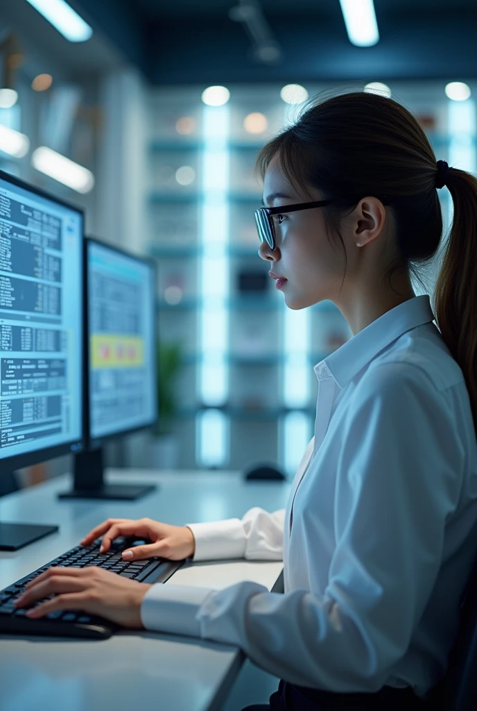 A girl working in a glasses store, that on her computer that she manages a control system is seen 