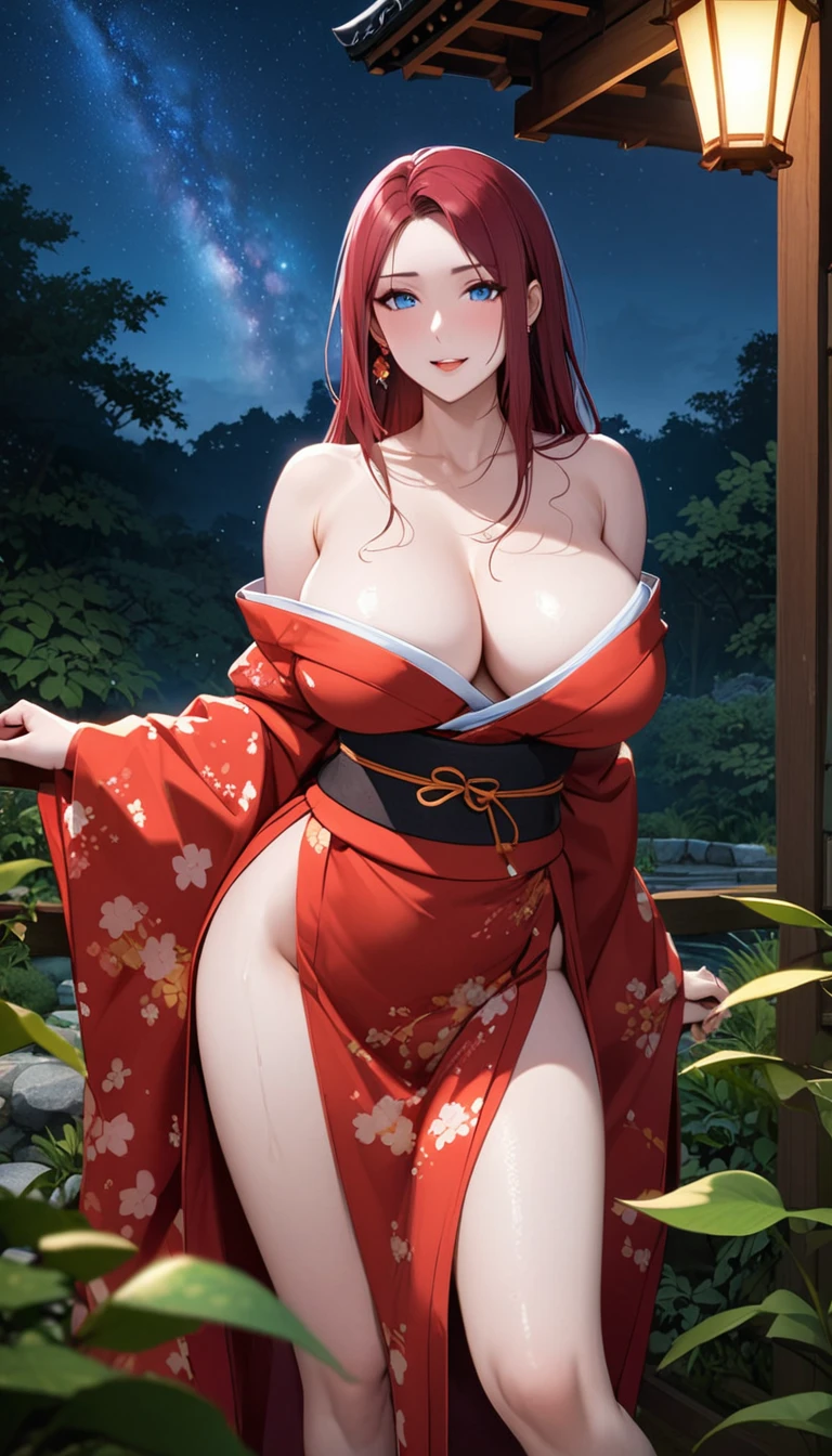 
solo, long hair, breasts, looking at viewer, bangs, big breasts:1.9, hair ornament, cleavage, blue eyes, full body, clip on hair, laughter ,parted lips, japanese clothes, kimono, mole, mole under eye, kushina ,curve body,milf,motherly,mature female,night sky ,standing ,cross hand holding kimono,untied kimono, cowboy shot,kimono off the shoulder,oil skin, Milky white skin, ,wet hair, mercenary pose,face on front,big round breasts. slightly , slim body, sexy body, white skin,  loose kimono ,face on camera , erotic pose,in  a garden, earrings, jewellery,thicc women,face on camera , body on front,standing straight , leaning toward front,,i can see breast,white foam on breast,sweat, steam coming from body