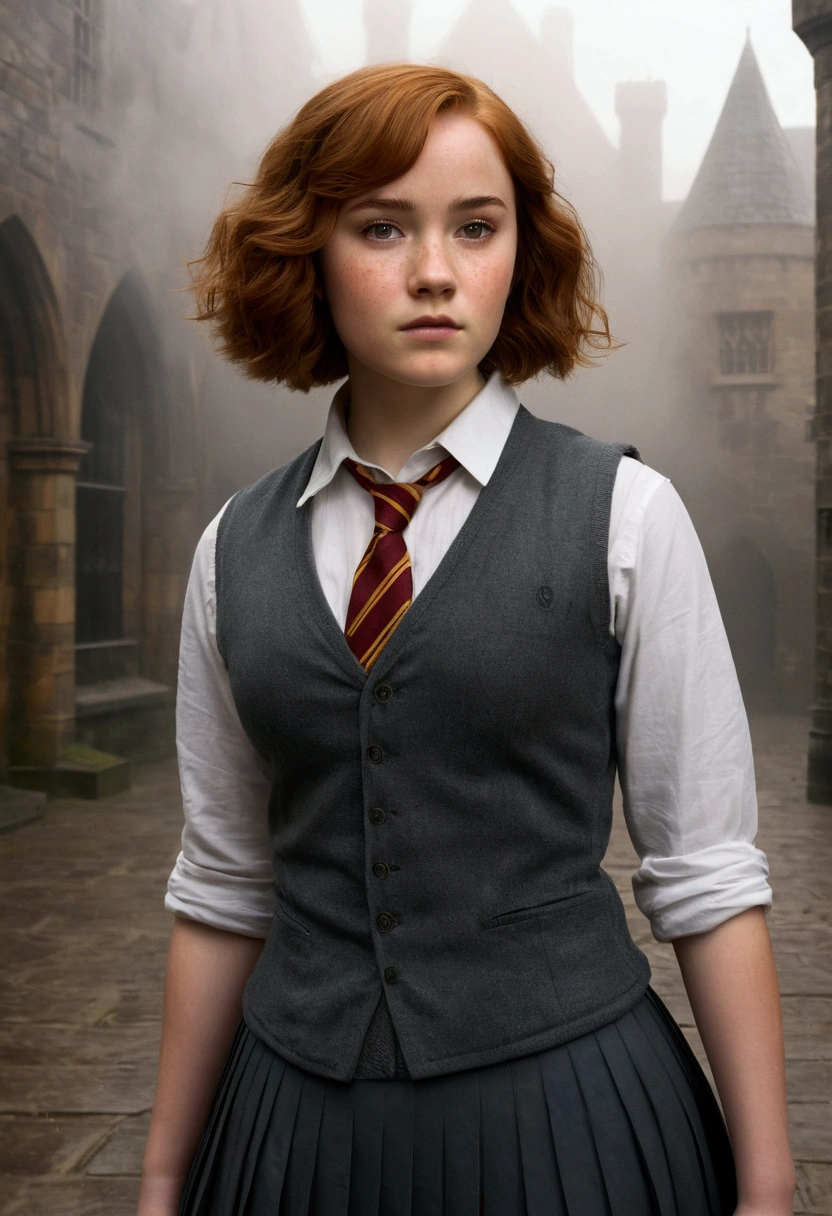 An illustrated movie poster, hand-drawn, full color, a female Hogwarts student, 18-years-old, wearing a charcoal vest and a pleated skirt, toned, amazonian stature, athletic hourglass figure, full wide hips, massive round butt, long shapely legs, ridiculously thick powerful thighs, light hazel eyes, deep dark auburn hair, short curly bob cut, flushed sun-kissed complexion, freckles, resembles Genevieve O'Reilly, standing in a foggy Hogwarts courtyard, surrounded by mist, graphite shading, stencil marks, airbrushed acrylic paint, masterpiece, in the Deathly Hallows 