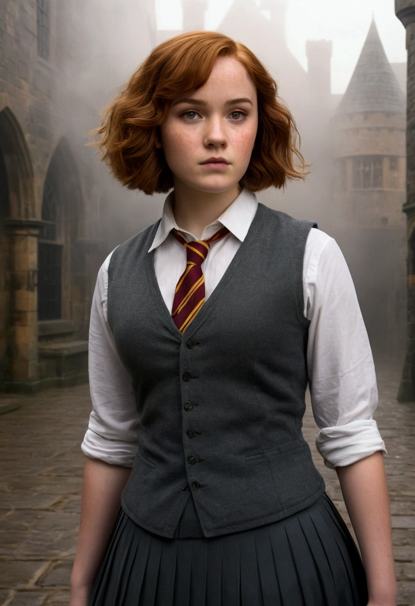 An illustrated movie poster, hand-drawn, full color, a female Hogwarts student, 18-years-old, wearing a charcoal vest and a pleated skirt, toned, amazonian stature, athletic hourglass figure, full wide hips, massive round butt, long shapely legs, ridiculously thick powerful thighs, light hazel eyes, deep dark auburn hair, short curly bob cut, flushed sun-kissed complexion, freckles, resembles Genevieve O'Reilly, standing in a foggy Hogwarts courtyard, surrounded by mist, graphite shading, stencil marks, airbrushed acrylic paint, masterpiece, in the Deathly Hallows 