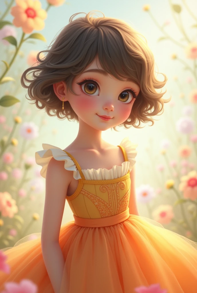 Draw a picture of a girl with bangs and wearing a cute dress.