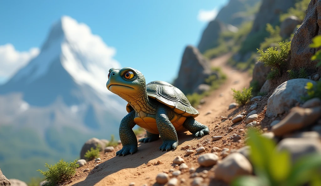 Description: "teo, the little turtle, is at the beginning of his arduous climb. The path ahead is steep, full of stones and earth. He is looking at the trail with determination, although your body is tired. There is a clear blue sky above him, and the mountain looks gigantic compared to its small size. The scene has an adventurous atmosphere, with detailed textures on the rocks and soil. The 3D style captures the texture of its shell and skin, and the surrounding nature is reminiscent of the vibrant visuals of Disney Pixar animations."