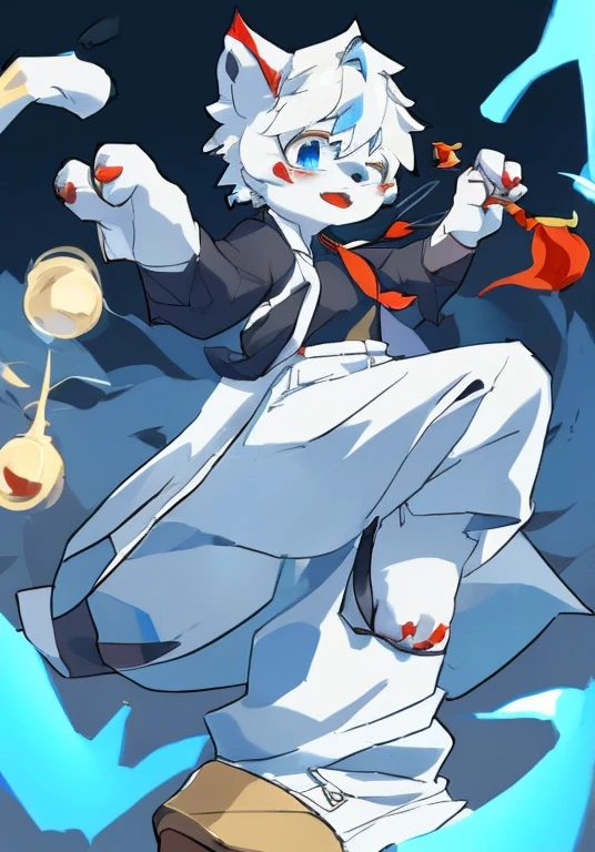 White male cat,Handsome Fengjun,White hair,blue eyes,White trousers,Black shirt,Cast red magic,Serious expression