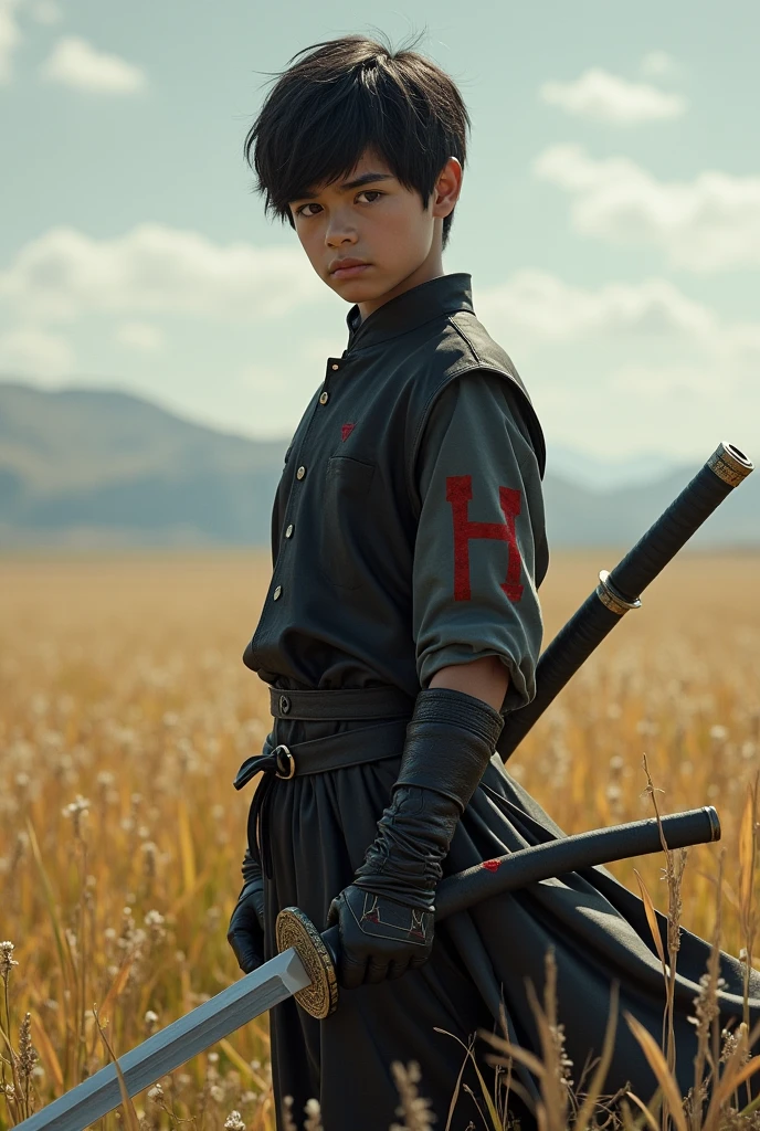 A boy have a Katana on his hand and is standing in the field. He is wearing a black vest, and the vest has an "H" written in blood on its side.