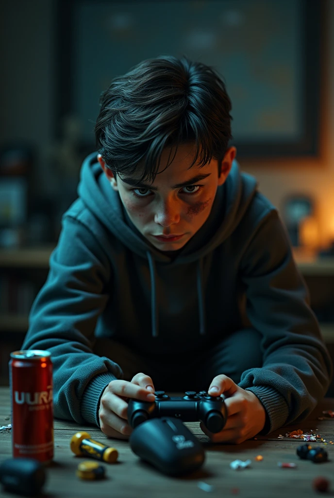 Generate an image of a person with video game disorders, more critical, adolescent, not child