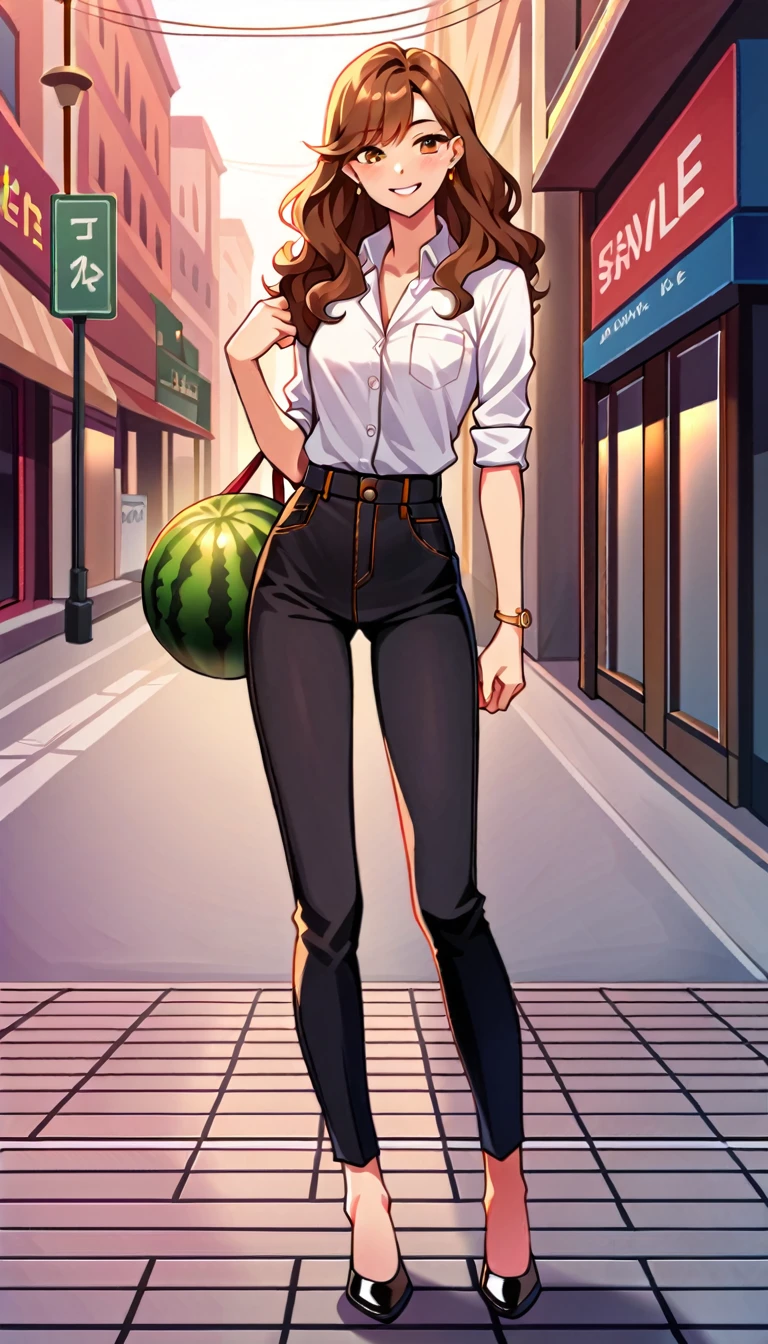 masterpiece,Best Quality), Beautiful woman, (Wear a white collared shirt in a business setting),( The lower body is wearing skinny professional wear casual black pants),(Small breasts) , Long Wavy Hair, Brown Hair, Micro Curl Bangs, Perfect watermelon seed face, Beautiful Face, Big beautiful eyes, A kind smile, Perfect slim standard beauty body, City streets,Full body photo, Bright colors