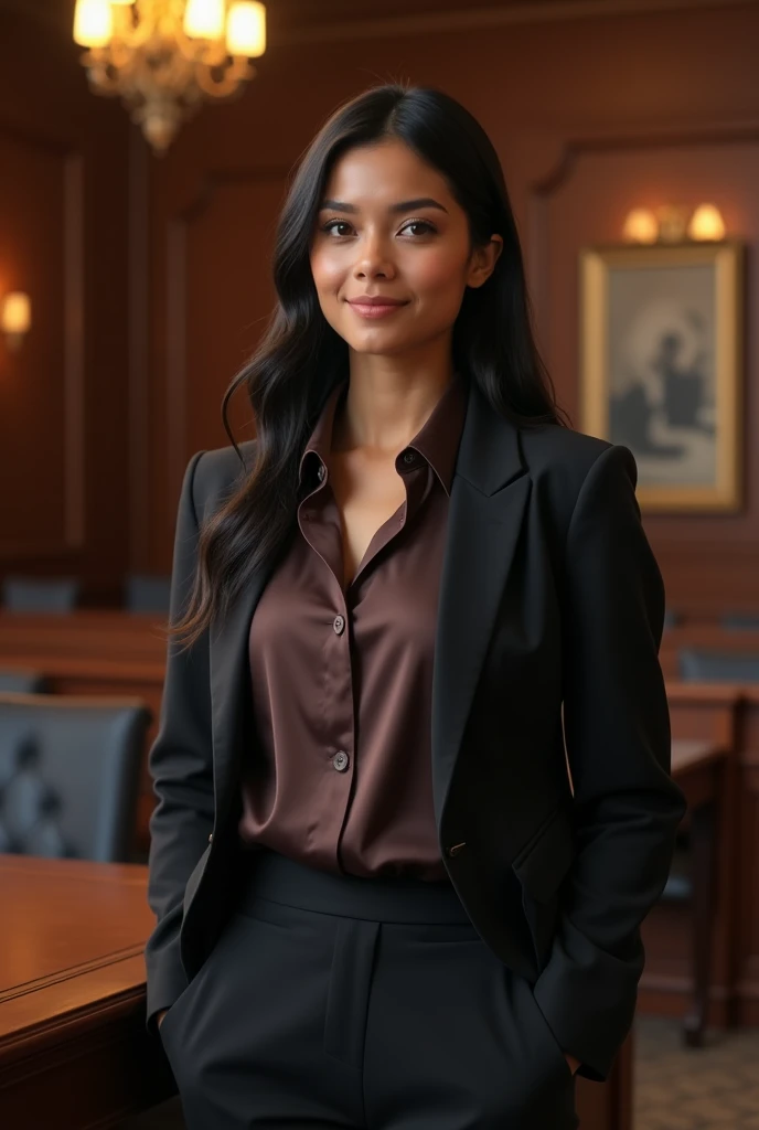 law intern, a 28-year-old woman, with brown skin, straight black hair that reaches her shoulders. She has a beautiful smile and her eyes are a shade of honey. She is wearing an outfit suitable for a court of law, such as a pencil skirt and blazer set, with a silk blouse underneath. Her posture and expression are confident, with a touch of subtle sensuality. The lighting should highlight your skin and hair, while the background suggests a formal courtroom setting.