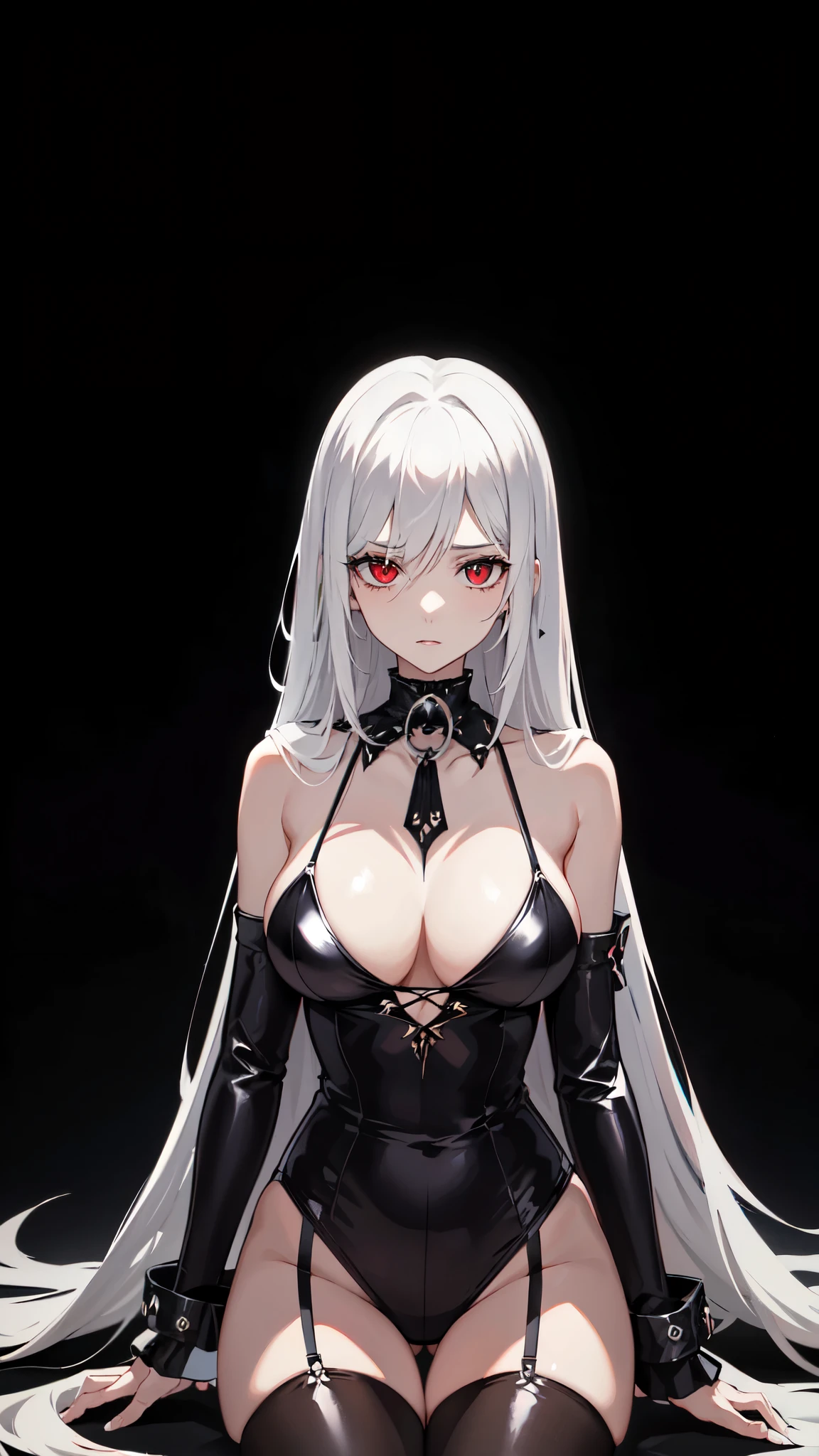 Create a full-body image of an anime-style character with long, flowing white hair and glowing red eyes. The character should have a dark, gothic appearance, wearing a black bikini and a black leather collar with red accents. She holds a katana, and her expression is submissive. The background should be dark, complementing her villainous and manipulative traits. The overall atmosphere should evoke a sense of submission and elegance, fitting her role as a submissive yet powerful figure.Cabelo comprido, Solo, Olhando para o espectador, Seios, Olhos vermelhos, Jóia, Brincos,