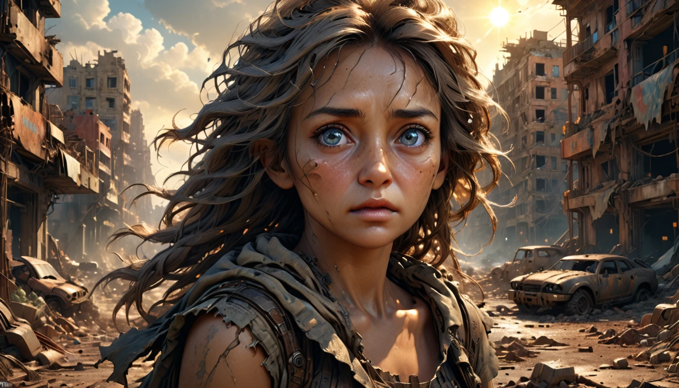 (((ultra realistic))) Photo, masterpiece, top quality, (sun tanned skin), (Ultra detailed face and eyes:1.3), 1 30 year old woman, A highly detailed photorealistic image, beautiful woman in the post-apocalyptic setting, torn dress, searching for love, detailed face, delicate features, big expressive eyes, lush flowing hair, dramatic lighting, highly detailed, cinematic, photorealistic, 8k, intricate, masterpiece, ruined_cityscape, distant_character, wasteland