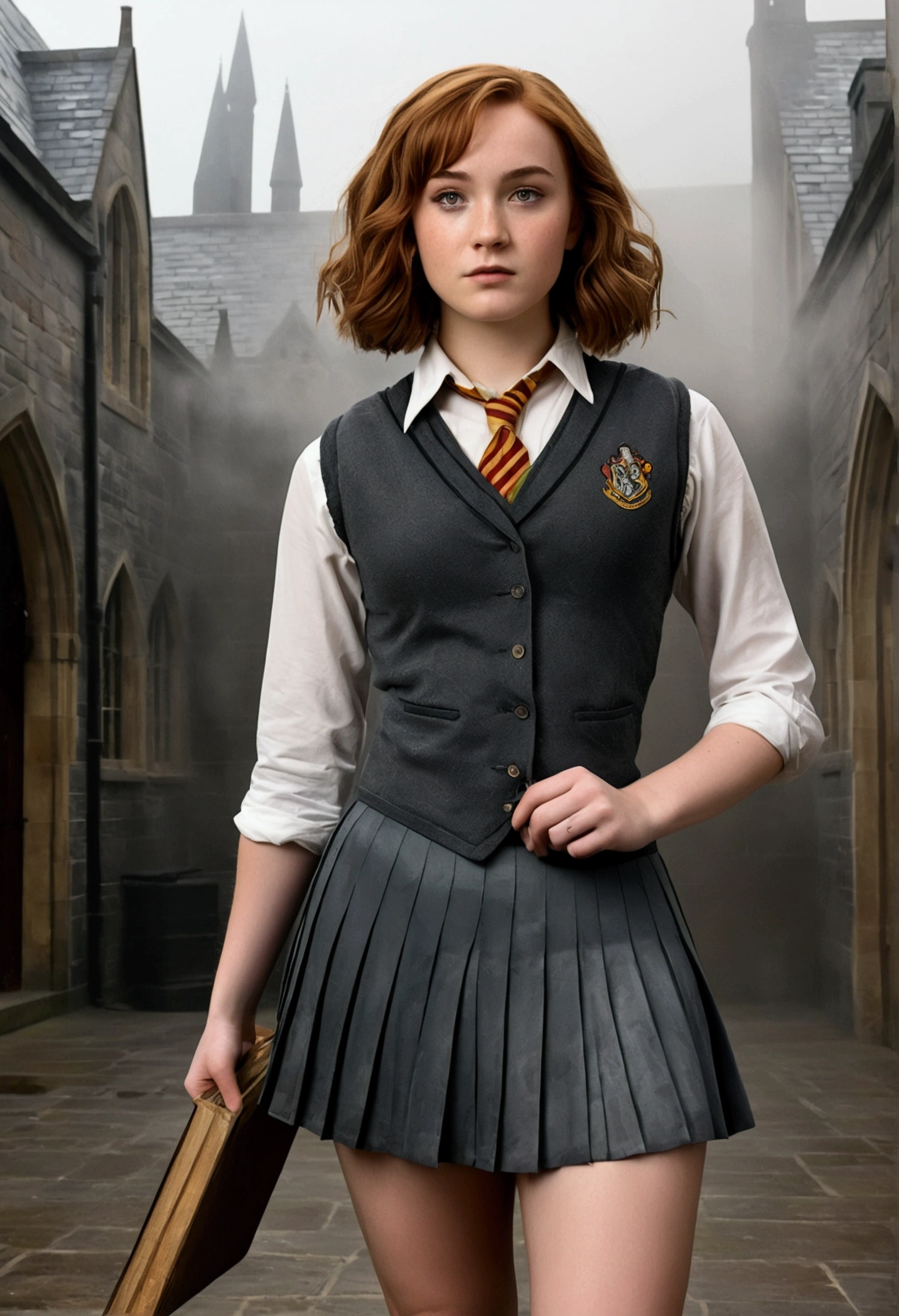 An illustrated movie poster, hand-drawn, full color, a female Hogwarts student, 18-years-old, wearing a charcoal vest and a pleated skirt, toned, amazonian stature, athletic hourglass figure, full wide hips, massive round butt, long shapely legs, ridiculously thick powerful thighs, light hazel eyes, deep dark auburn hair, short curly bob cut, flushed sun-kissed complexion, freckles, resembles Genevieve O'Reilly, standing in a foggy Hogwarts courtyard, surrounded by mist, graphite shading, stencil marks, airbrushed acrylic paint, masterpiece, in the Deathly Hallows