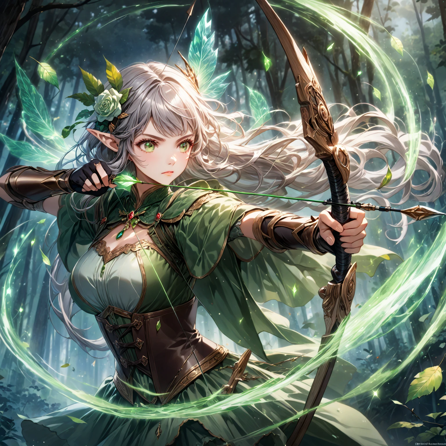 score_9_up, score_9, score_8_up, score_7_up, source_anime,masterpiece, best quality, high resolution, extremely detailed CG, absurdres, highres, 1girl, solo, in the daytime forest, a elf girl, dressed in shoulderless light armor and thigh boots, takes aim at the sky with a bow and arrow, spinning green light effects around the arrow, swirling winds around her, leaves and light effects flying everywhere. Crown of laurel, jewels decorate, mysterious and holy atmosphere. aiming, archery, arrow \(projectile\), bangs, bow \(weapon\), breasts, closed mouth, corset, drawing bow, dress, elf, fingerless gloves, floating hair, flower, forest, gloves, green dress, green eyes, grey hair, hair flower, hair ornament, holding, holding arrow, holding bow \(weapon\), holding weapon, leaf, light particles, long hair, looking away, looking to the side, nature, outdoors, outstretched arm, pointy ears, quiver, rose, serious, solo, watermark, weapon