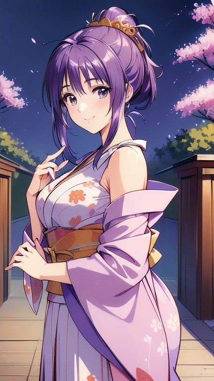 ((masterpiece, Highest quality, Highest quality, Official Art, beautifully、beautiful:1.2)),((masterpiece)),((Vibrant colors)),((Ayako Katagiri)),((A happy smile)),((kimono)),((looks fun)),,(Porch of the ryokan),(Shoulders exposed),(full moon),(Cherry Blossoms at Night),(2),(B Cup Bust)