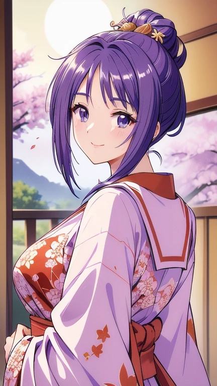 ((masterpiece, Highest quality, Highest quality, Official Art, beautifully、beautiful:1.2)),((masterpiece)),((Vibrant colors)),((Ayako Katagiri)),((A happy smile)),((kimono)),((looks fun)),,(Porch of the ryokan),(Shoulders exposed),(full moon),(Cherry Blossoms at Night),(2),(B Cup Bust)