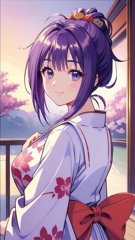 ((masterpiece, Highest quality, Highest quality, Official Art, beautifully、beautiful:1.2)),((masterpiece)),((Vibrant colors)),((Ayako Katagiri)),((A happy smile)),((kimono)),((looks fun)),,(Porch of the ryokan),(Shoulders exposed),(full moon),(Cherry Blossoms at Night),(2),(B Cup Bust)