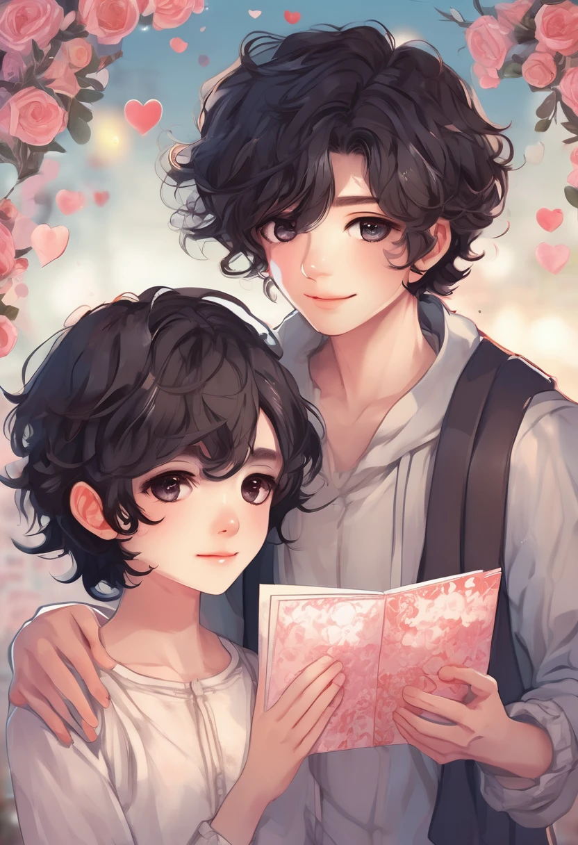 cute anime boy with short curly fluffy black hair,shy,giving a love card on valentine's day,beautiful detailed eyes,beautiful detailed lips,extremely detailed eyes and face,long eyelashes,romantic,tender expression,holding a love card,standing next to another boy,detailed background,soft lighting,pastel color palette,cinematic composition,dreamlike quality,intricate details,high resolution,masterpiece,award winning,photorealistic