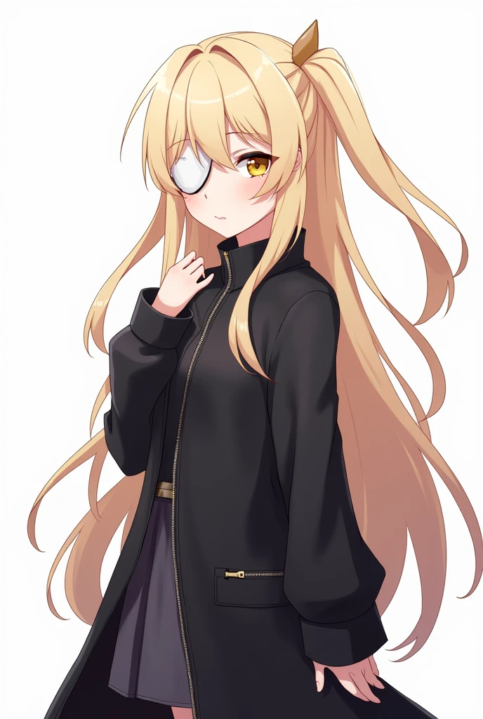 a cartoon image of a woman in boots, vector art by Ei-Q, pixiv, shin hanga, full_body!!, !!full body portrait!!, full body!!, anime moe artstyle, gapmoe yandere grimdark, full body!, anime vtuber full body model beige hair with an eyepatch black coat with front zipper closed, long hair Hands sticking out of clothes Background is white Game character art Genshin Impact