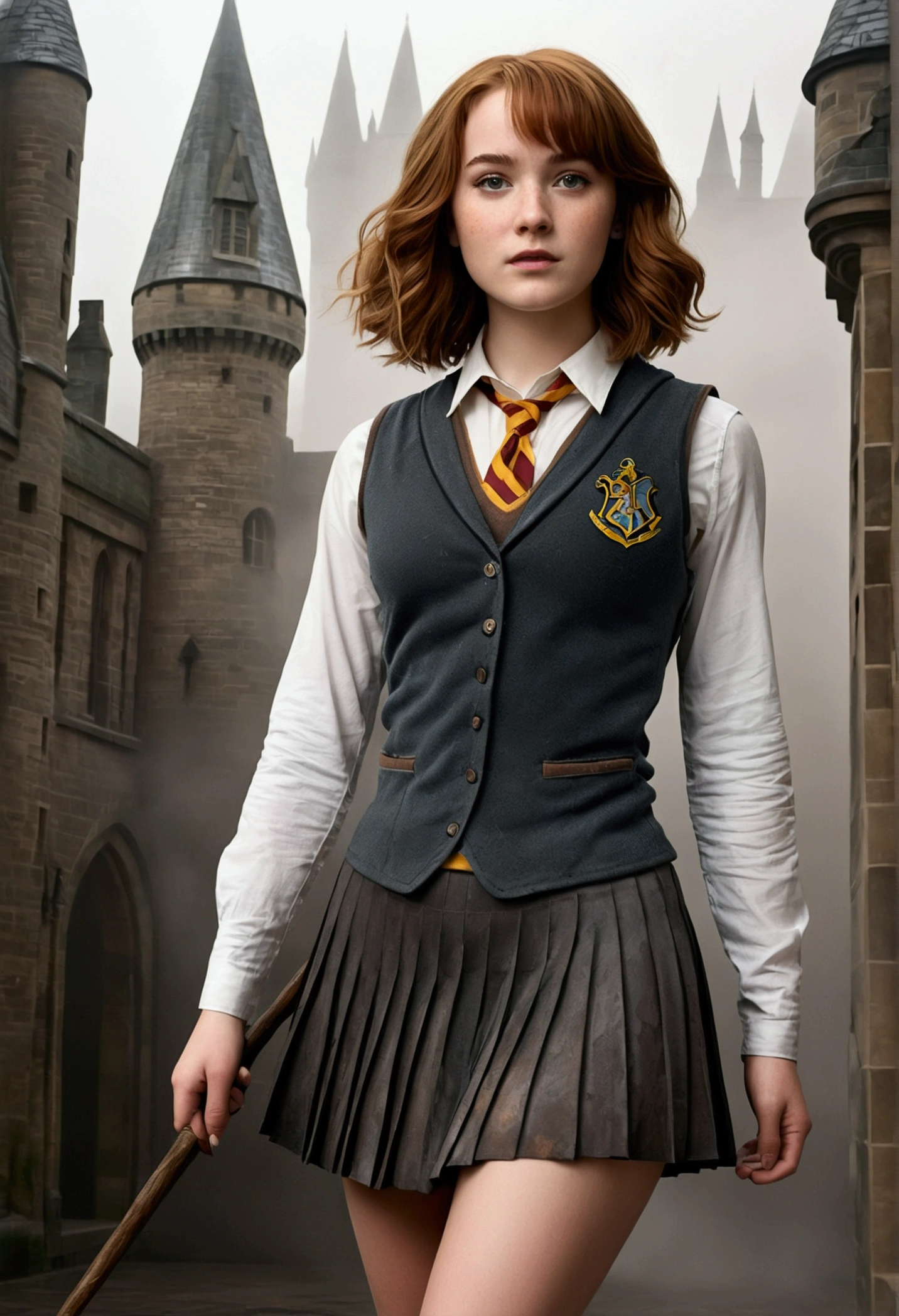 An illustrated movie poster, hand-drawn, full color, a female Hogwarts student, 18-years-old, wearing a charcoal vest and a pleated skirt, toned, amazonian stature, athletic hourglass figure, full wide hips, massive round butt, long shapely legs, ridiculously thick powerful thighs, light hazel eyes, deep dark auburn hair, short curly bob cut, flushed sun-kissed complexion, freckles, resembles Genevieve O'Reilly, standing in a foggy Hogwarts courtyard, surrounded by mist, graphite shading, stencil marks, airbrushed acrylic paint, masterpiece, in the Deathly Hallows 