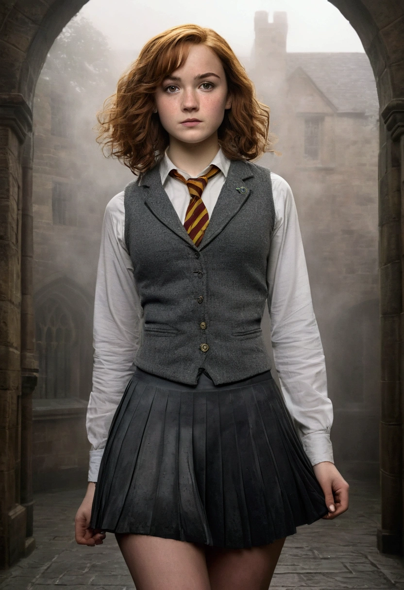 An illustrated movie poster, hand-drawn, full color, a female Hogwarts student, 18-years-old, wearing a charcoal vest and a pleated skirt, toned, amazonian stature, athletic hourglass figure, full wide hips, massive round butt, long shapely legs, ridiculously thick powerful thighs, light hazel eyes, deep dark auburn hair, short curly bob cut, flushed sun-kissed complexion, freckles, resembles Genevieve O'Reilly, standing in a foggy Hogwarts courtyard, surrounded by mist, graphite shading, stencil marks, airbrushed acrylic paint, masterpiece, in the Deathly Hallows