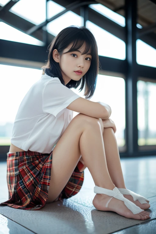8k, Raw photo, highest quality, masterpiece:1.2), masterpiece, highest quality, figure, Very detailed, Fine details, High resolution, 8k,wallpaper, Perfect dynamic composition,(Detailed high quality, Realistic depiction of eyes:1.3)、A woman who has been and has her hands tied、Arms wrapped around his back, hands tie behind back, Sitting on a bright gym floor with feet together and knees bent in front of each other、With legs wide open、Tartan plaid pleated skirt、whole body、White panties are visible、The whole thing faces forward、21talent、Beauty、Well-formed face、Make your eyes even、Beautiful black hair、Has bangedium build、Well-balanced proportions、Beautiful legs、Short sleeve blouse、Fresh face、Beautiful scenery、