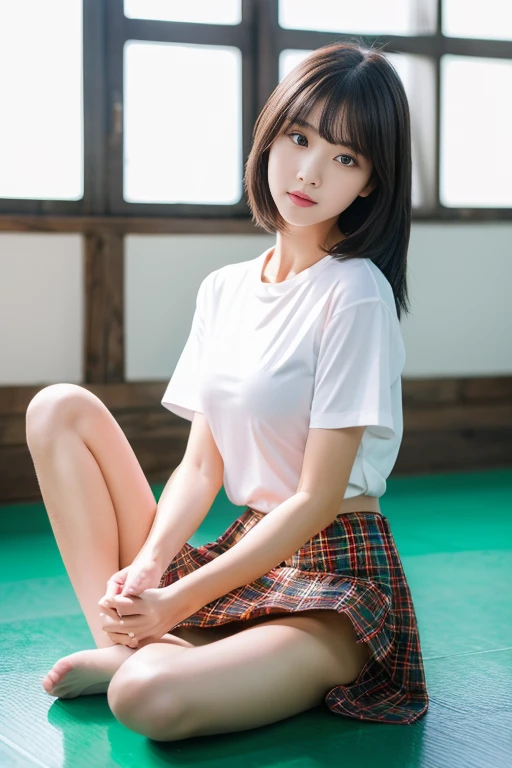 8k, Raw photo, highest quality, masterpiece:1.2), masterpiece, highest quality, figure, Very detailed, Fine details, High resolution, 8k,wallpaper, Perfect dynamic composition,(Detailed high quality, Realistic depiction of eyes:1.3)、A woman who has been and has her hands tied、Arms wrapped around his back, hands tie behind back, Sitting on a bright gym floor with feet together and knees bent in front of each other、With legs wide open、Tartan plaid pleated skirt、whole body、White are visible、The whole thing faces forward、21talent、Beauty、Well-formed face、Make your eyes even、Beautiful black hair、Has bangedium build、Well-balanced proportions、Beautiful legs、Short sleeve blouse、Fresh face、Beautiful scenery、