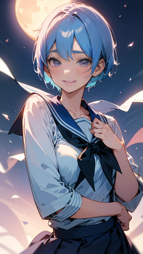 One young woman、alone、Sailor school uniform、Navy Blue Skirt、Light blue hair、short hair、Pink eyes、A gentle gaze、Grin、Upper body close-up、Delicate contours、Under the moonlight、Background Blur