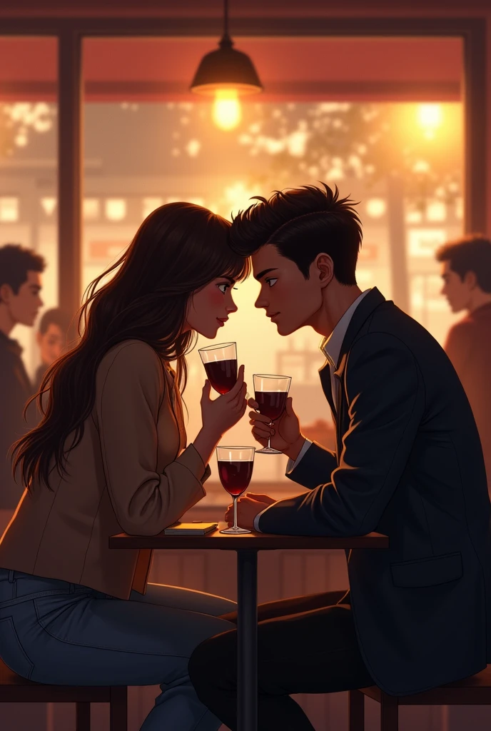 I want create a couple  who is seeting in cafe or somewhere and man is looking at her girlfriend while she's looking somewhere else
