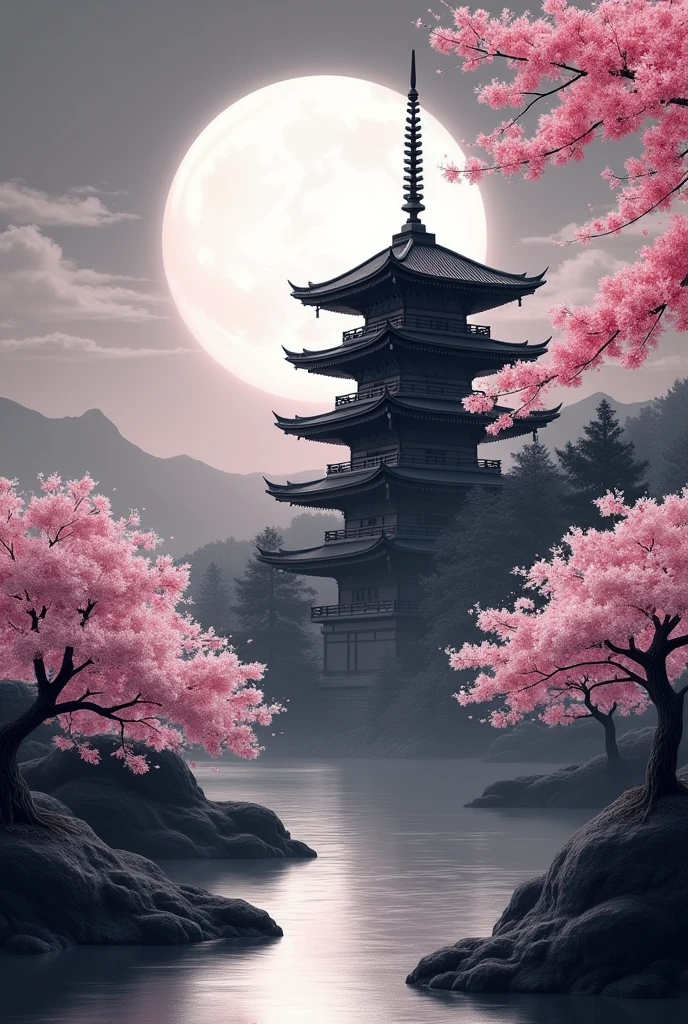 Small Japanese temple facing left with full moon behind and cherry blossom trees and many cherry blossoms directly in front of the temple. Only cherry blossoms in color the rest in black and white