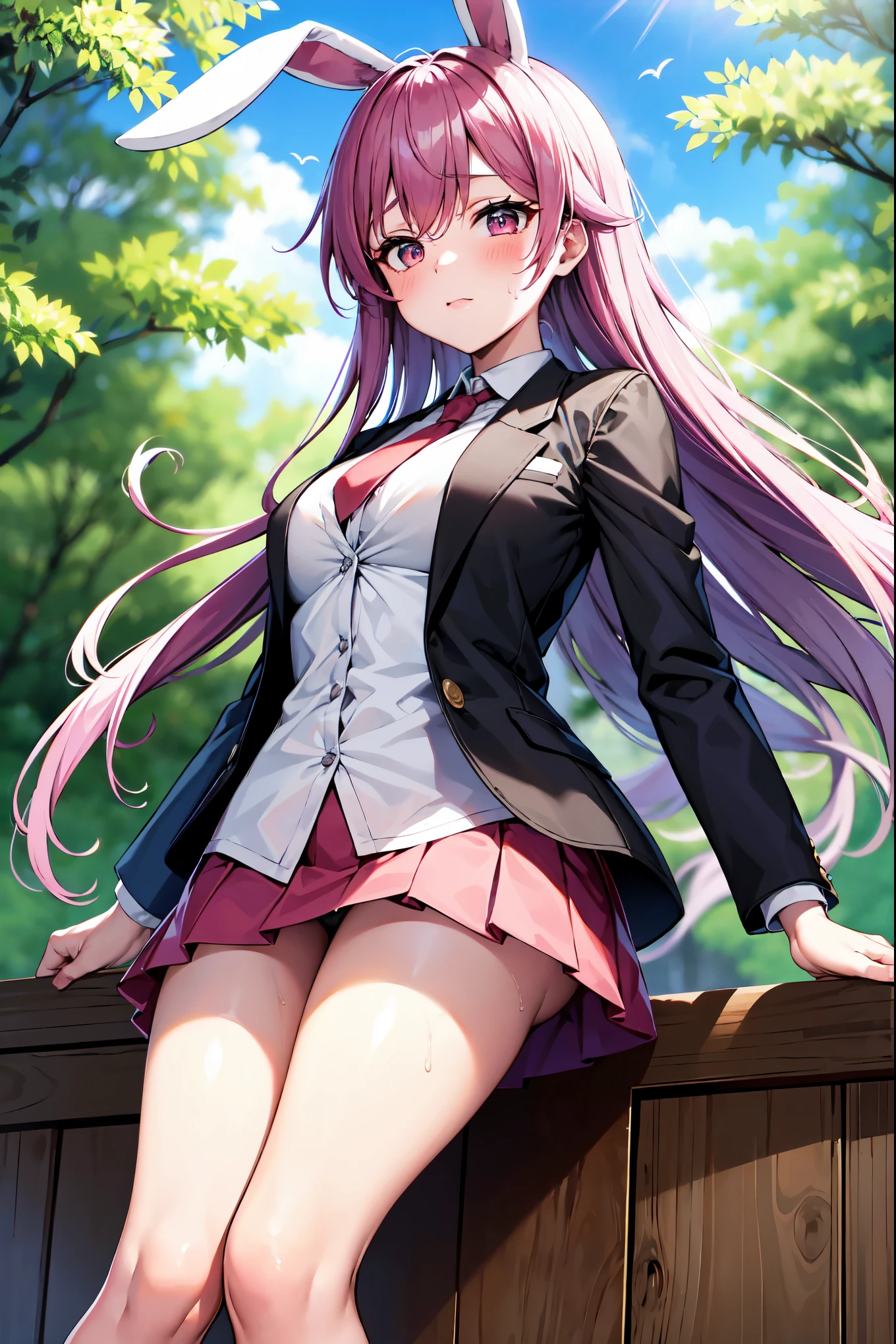 （（super high quality,Ultra-high resolution,16K,super masterpiece,Ultra HD,Ultra high definition,））One high school girl,White bunny ears,Very long straight purple hair,Slender body,Black blazer,All buttons are unbuttoned,White dress shirt,Long red tie,Pink mini skirt,White socks,blush,Looks at me so shyly,（（Leaning forward greatly:1.5,Hands tucked between the crotches:1.8,））Sweaty,Bamboo forest in the morning sun,（Fishing line from off-screen,The skirt on the fishing line is lifted up,）Angle looking up from below,