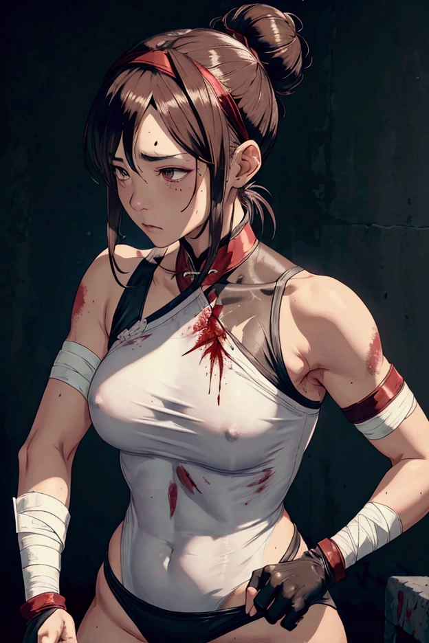 female、Fighter、Mature、(Bandage on arm)、Gloves、Brown Hair、Bun Hair、Headband、Chinese clothing、black tights、Trained biceps、Torn tights,Sweat、Wound on arm、Bloodstains on the body、(Serious expression)、Disheveled Hair、Blood from the head、Tattered clothes、Aza on the face、Dirty body