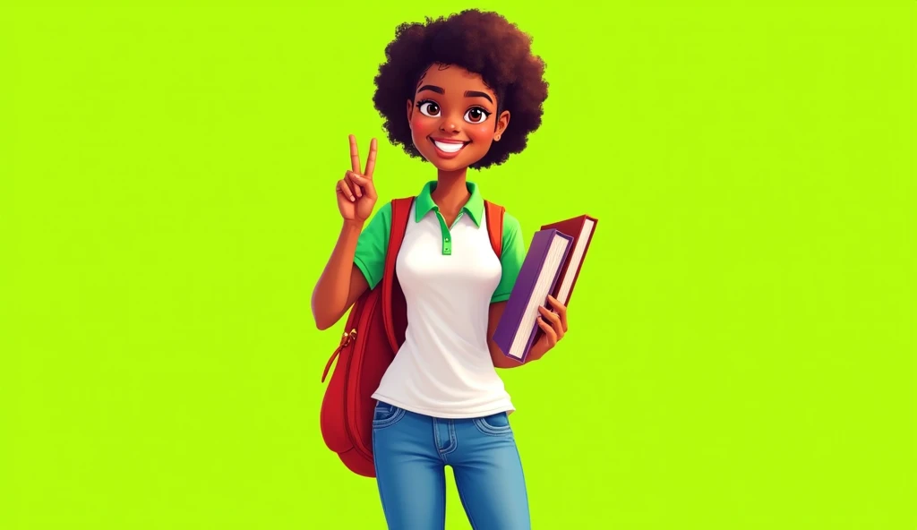 create a 2D cartoon flat design illustration of a 15 year old mulatto woman wearing a white polo shirt with green sleeve tips and collar, and jeans, with backpack and holding some books, very smiling and making the peace gesture on a lime green background