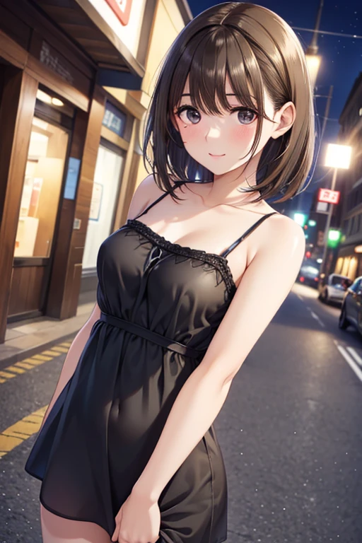 anegasaki nene、Shiny brown hair, short hair, (Beautiful brown eyes、Sparkling eyes, Fine grain)、smile、Ultra-detailed eyes、Highly detailed face, Highly detailed eyes,Cowboy Shot、
((Browsing Caution)),(())((Semi-transparent thin camisole dress)),Anime Style:2,Mature Woman,Shyness,Red face,Watery eye,Shyness,short hair,Downtown street corner at night,passenger,(Areola),Put your arms behind your back,,Expose