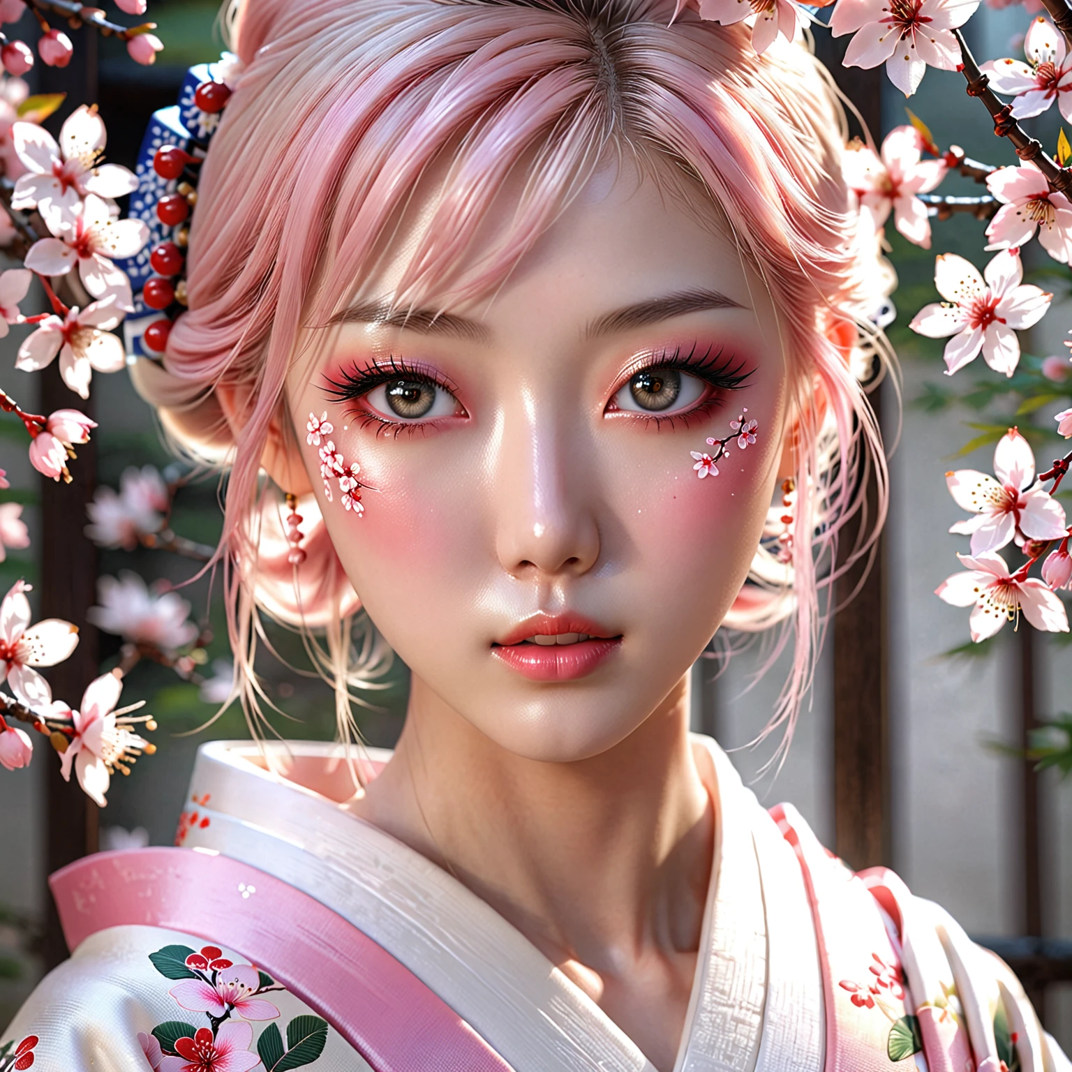 1girl, beautiful detailed eyes, beautiful detailed lips, extremely detailed eyes and face, long eyelashes, light pink hair, translucent skin, traditional Japanese kimono, small cherry blossom design on obi, ethereal beauty, mystique, inspired by traditional Japanese art, (best quality,4k,8k,highres,masterpiece:1.2),ultra-detailed,(realistic,photorealistic,photo-realistic:1.37),digital painting, intricate details, soft lighting, delicate colors, serene atmosphere, dreamy, elegant, spiritual, traditional Japanese aesthetic