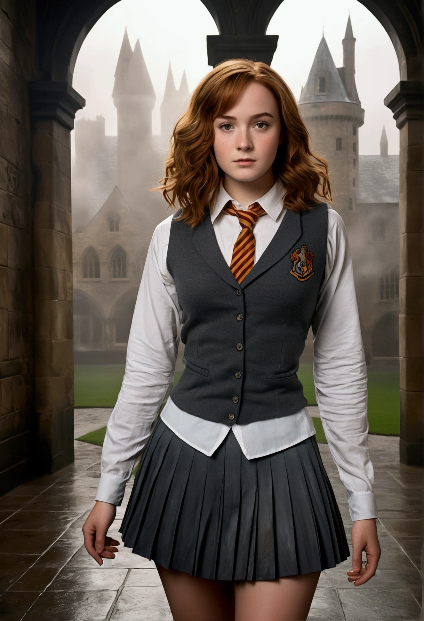 An illustrated movie poster, hand-drawn, full color, a female Hogwarts student, 18-years-old, wearing a charcoal vest and a pleated skirt, toned, amazonian stature, athletic hourglass figure, full wide hips, massive round butt, long shapely legs, ridiculously thick powerful thighs, light hazel eyes, deep dark auburn hair, short curly bob cut, flushed sun-kissed complexion, freckles, resembles Genevieve O'Reilly, standing in a foggy Hogwarts courtyard, surrounded by mist, graphite shading, stencil marks, airbrushed acrylic paint, masterpiece, in the Deathly Hallows 