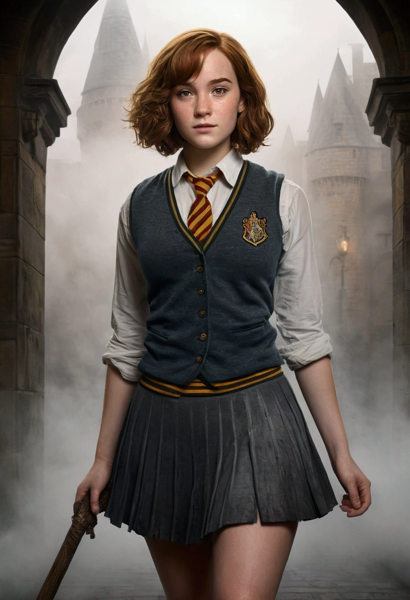 An illustrated movie poster, hand-drawn, full color, a female Hogwarts student, 18-years-old, wearing a charcoal vest and a pleated skirt, toned, amazonian stature, athletic hourglass figure, full wide hips, massive round butt, long shapely legs, ridiculously thick powerful thighs, light hazel eyes, deep dark auburn hair, short curly bob cut, flushed sun-kissed complexion, freckles, resembles Genevieve O'Reilly, standing in a foggy Hogwarts courtyard, surrounded by mist, graphite shading, stencil marks, airbrushed acrylic paint, masterpiece, in the Deathly Hallows 